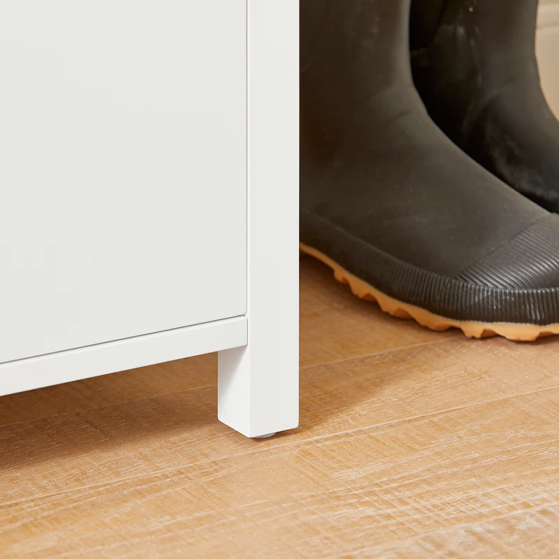 SoBuy FSR101-W Banc à Chaussures avec Coussin Rembourré, Tiroir, Panier, Porte et 2 Étagères pour Entrée – 91x36x46 cm, Blanc