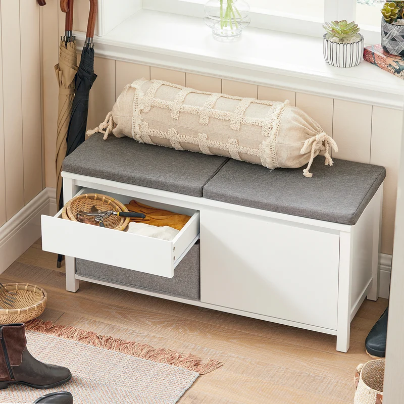 SoBuy FSR101-W Banc à Chaussures avec Coussin Rembourré, Tiroir, Panier, Porte et 2 Étagères pour Entrée – 91x36x46 cm, Blanc