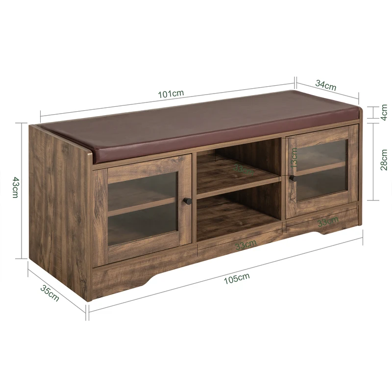 SoBuy FSR122-N Banc de Rangement, Meuble à Chaussures d'Entrée avec Assise Coussin Rembourré, 2 Porte Vitrée et 6 Étagères, Marron Rustique