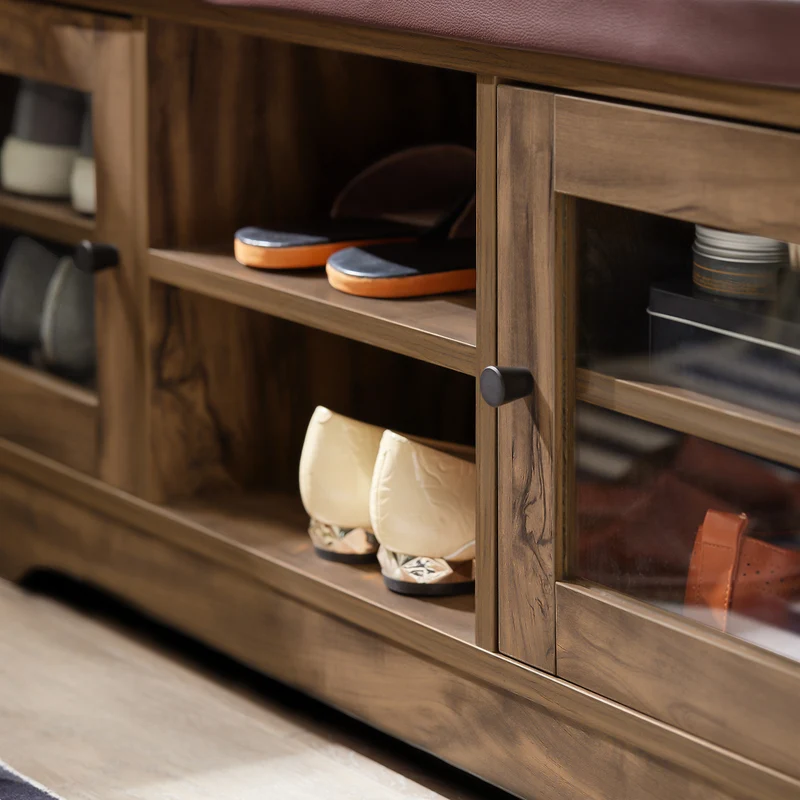 SoBuy FSR122-N Banc de Rangement, Meuble à Chaussures d'Entrée avec Assise Coussin Rembourré, 2 Porte Vitrée et 6 Étagères, Marron Rustique