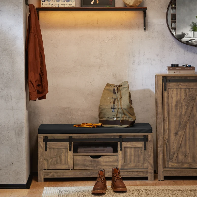 SoBuy FSR118-N Banc à Chaussures avec Porte de Grange Coulissante, Tiroir et Coussin Rembourré pour Entrée – 101x35x46 cm, Naturel