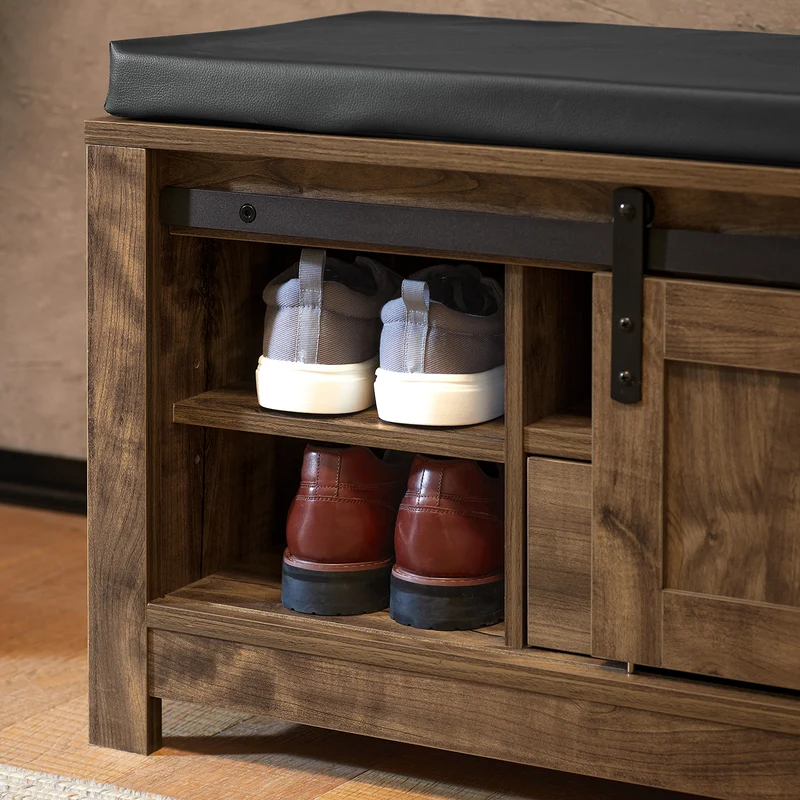 SoBuy FSR118-N Banc à Chaussures avec Porte de Grange Coulissante, Tiroir et Coussin Rembourré pour Entrée – 101x35x46 cm, Naturel