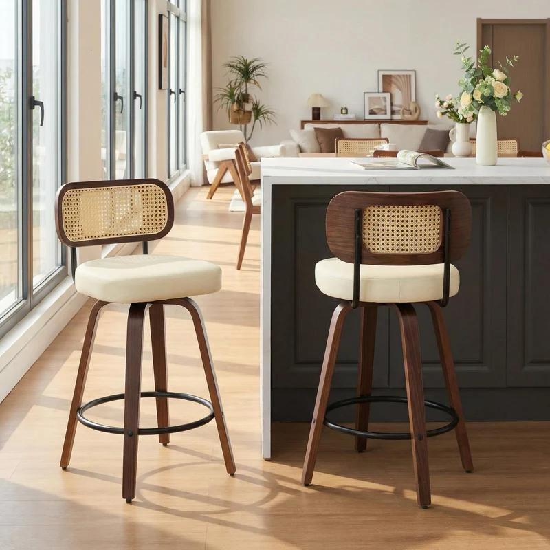 Lot de 2 tabourets PU beige et noyer, dossier en cannage rotin, pivotants, hauteur comptoir 26" PINNACLEIS