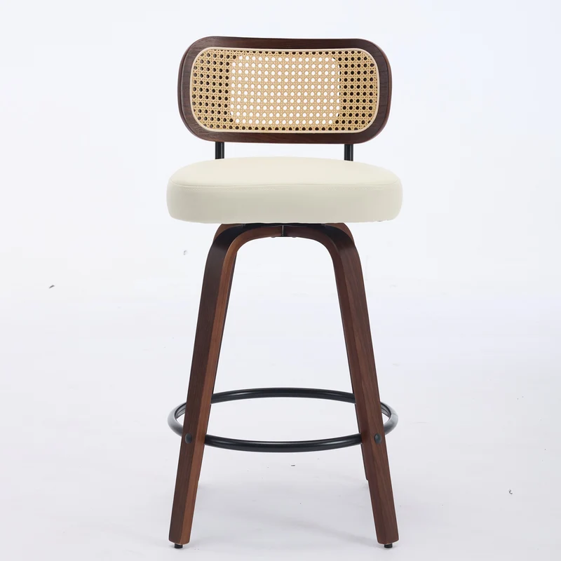 Lot de 2 tabourets PU beige et noyer, dossier en cannage rotin, pivotants, hauteur comptoir 26" PINNACLEIS