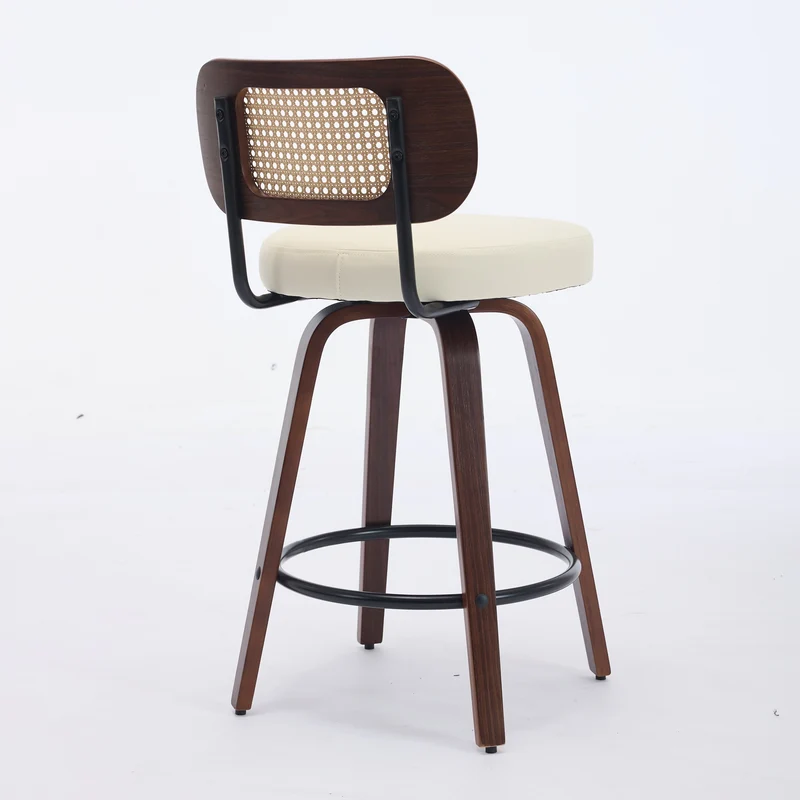 Lot de 2 tabourets PU beige et noyer, dossier en cannage rotin, pivotants, hauteur comptoir 26" PINNACLEIS