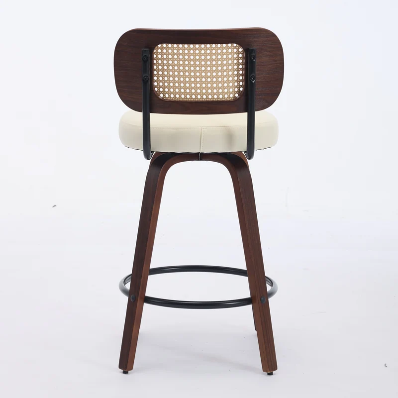 Lot de 2 tabourets PU beige et noyer, dossier en cannage rotin, pivotants, hauteur comptoir 26" PINNACLEIS