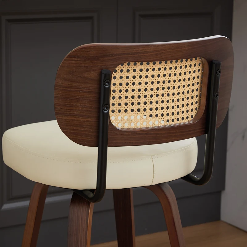 Lot de 2 tabourets PU beige et noyer, dossier en cannage rotin, pivotants, hauteur comptoir 26" PINNACLEIS