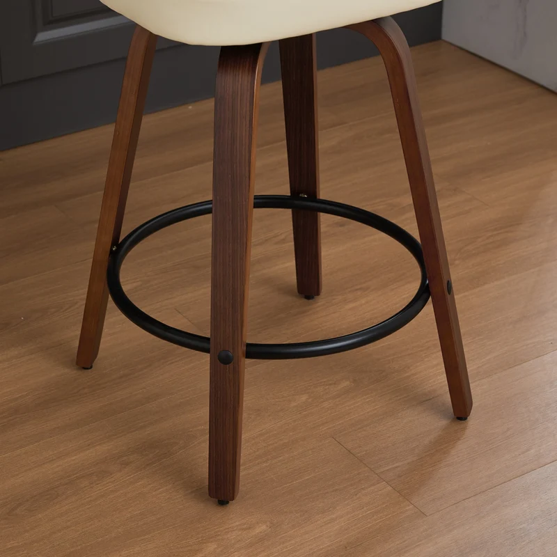 Lot de 2 tabourets PU beige et noyer, dossier en cannage rotin, pivotants, hauteur comptoir 26" PINNACLEIS