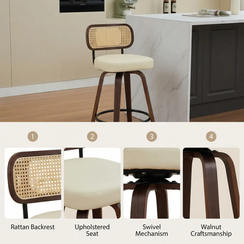Lot de 2 tabourets PU beige et noyer, dossier en cannage rotin, pivotants, hauteur comptoir 26" PINNACLEIS
