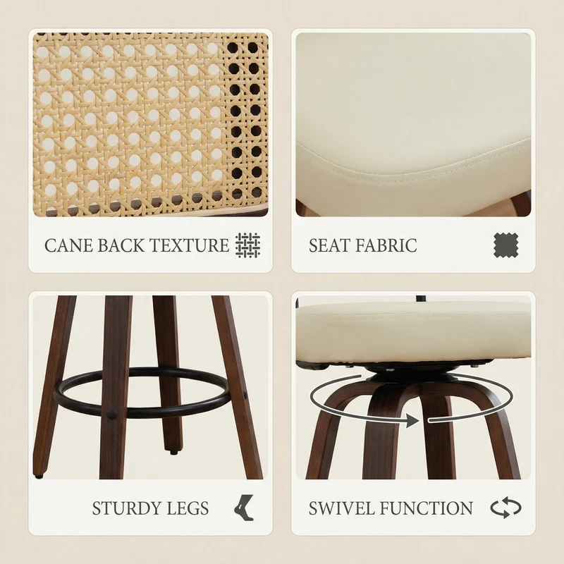 Lot de 2 tabourets PU beige et noyer, dossier en cannage rotin, pivotants, hauteur comptoir 26" PINNACLEIS