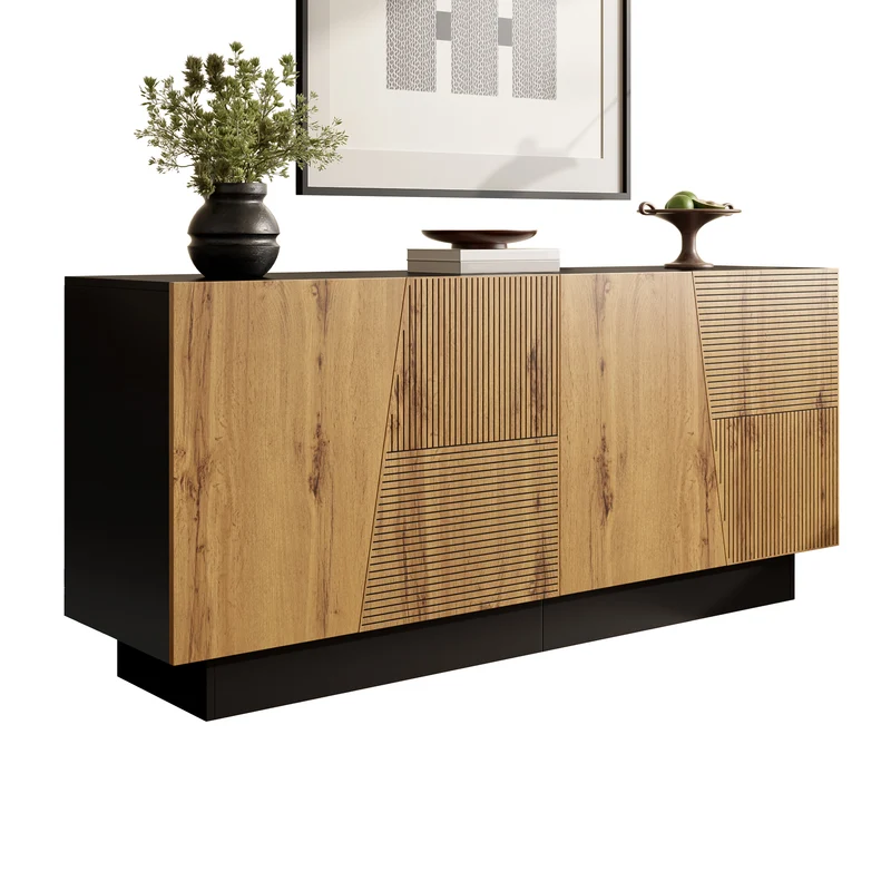 Buffet effet bois naturel aux motifs linéaires géométrique et noir 160 cm PROMINENCER