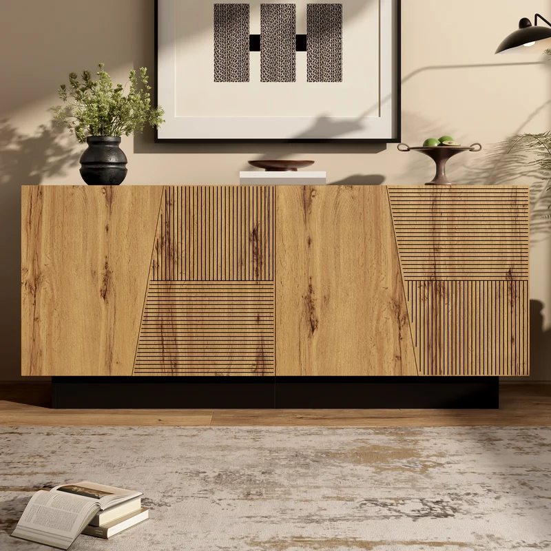 Buffet effet bois naturel aux motifs linéaires géométrique et noir 160 cm PROMINENCER