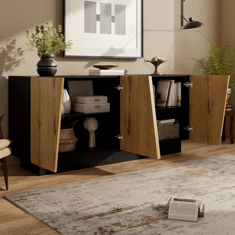 Buffet effet bois naturel aux motifs linéaires géométrique et noir 160 cm PROMINENCER