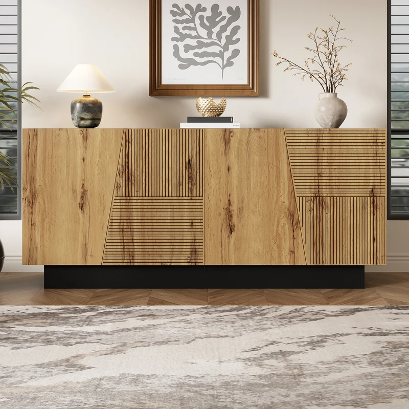 Buffet effet bois naturel aux motifs linéaires géométrique et noir 160 cm PROMINENCER