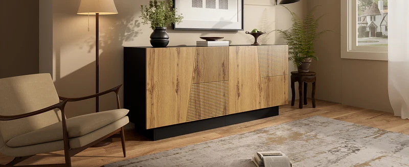 Buffet effet bois naturel aux motifs linéaires géométrique et noir 160 cm PROMINENCER