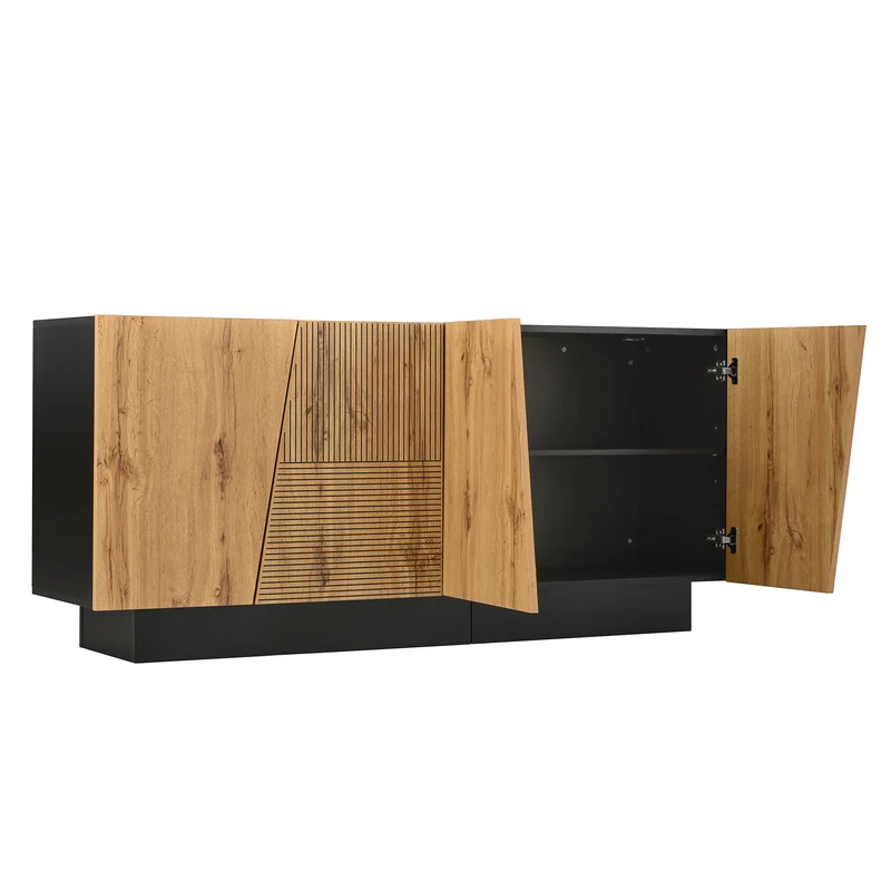 Buffet effet bois naturel aux motifs linéaires géométrique et noir 160 cm PROMINENCER