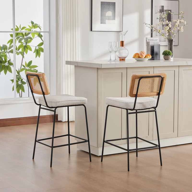 Lot de 2 tabourets de bar chenille bouclette beige dossier en rotin et repose-pieds FABRIC CART