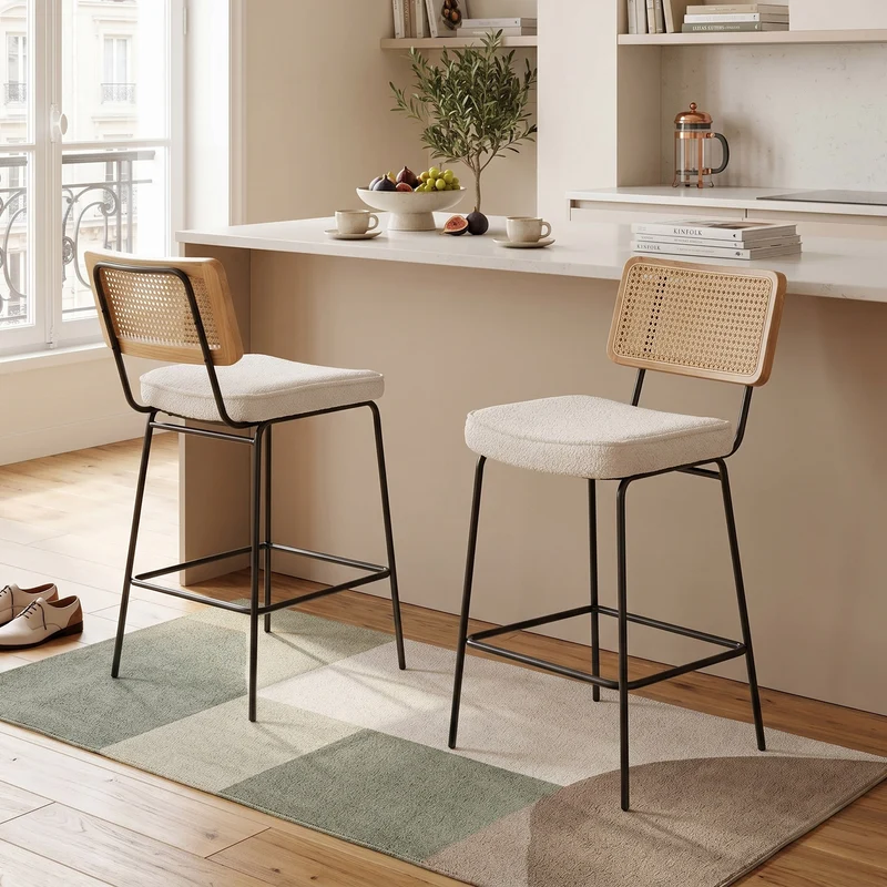 Lot de 2 tabourets de bar chenille bouclette beige dossier en rotin et repose-pieds FABRIC CART