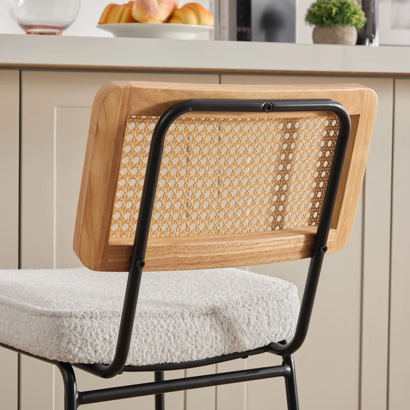 Lot de 2 tabourets de bar chenille bouclette beige dossier en rotin et repose-pieds FABRIC CART