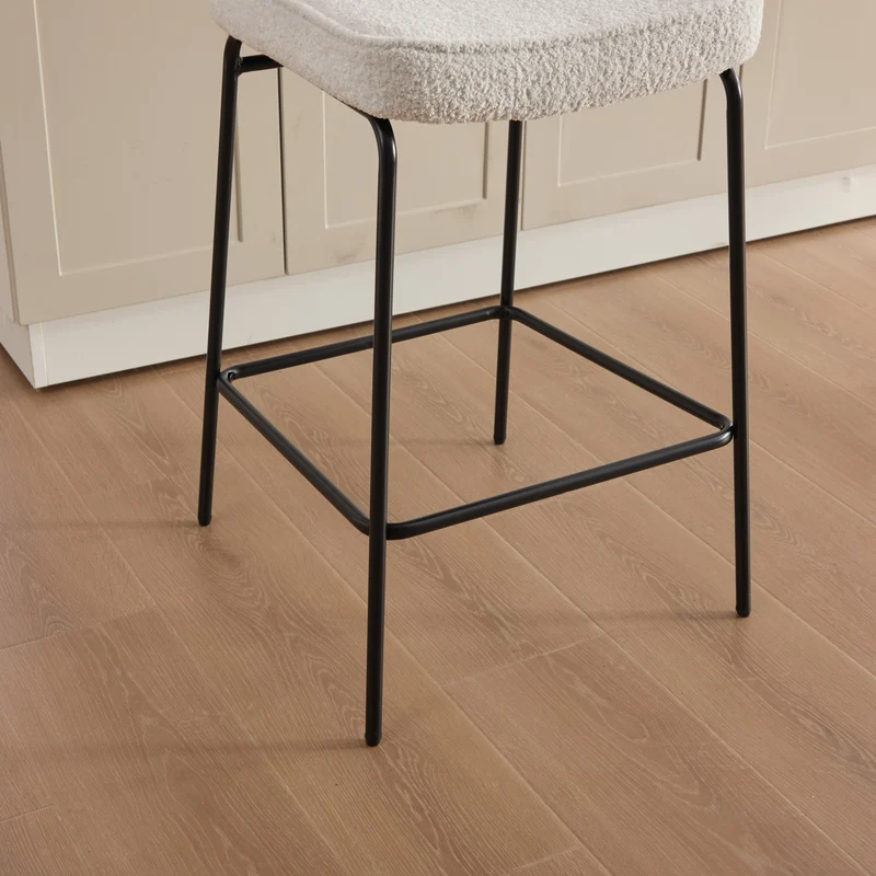 Lot de 2 tabourets de bar chenille bouclette beige dossier en rotin et repose-pieds FABRIC CART