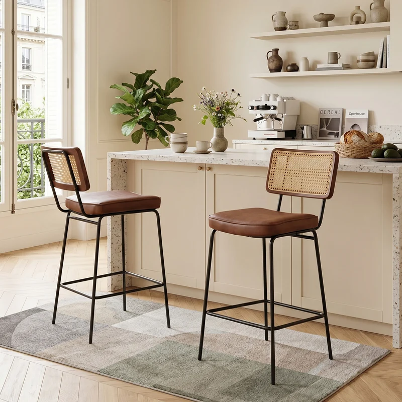 Lot de 2 tabourets de bar simili cuir marron, dossier en rotin et repose-pieds FABRIC CABINET