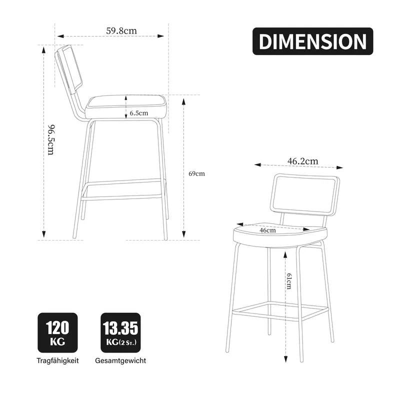 Lot de 2 tabourets de bar simili cuir marron, dossier en rotin et repose-pieds FABRIC CABINET