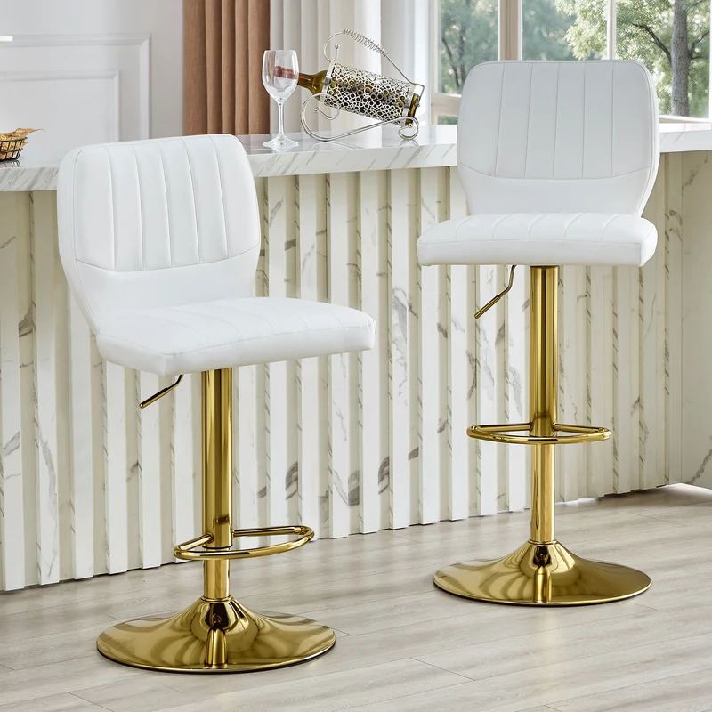 Lot de 2 tabourets de bar simili cuir blanc et doré, pivotant 360° et repose-pieds CLASSICORGANIZERHOME