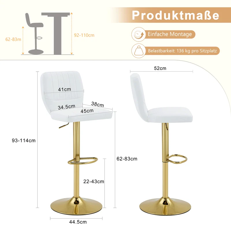 Lot de 2 tabourets de bar simili cuir blanc et doré, pivotant 360° et repose-pieds CLASSICORGANIZERHOME