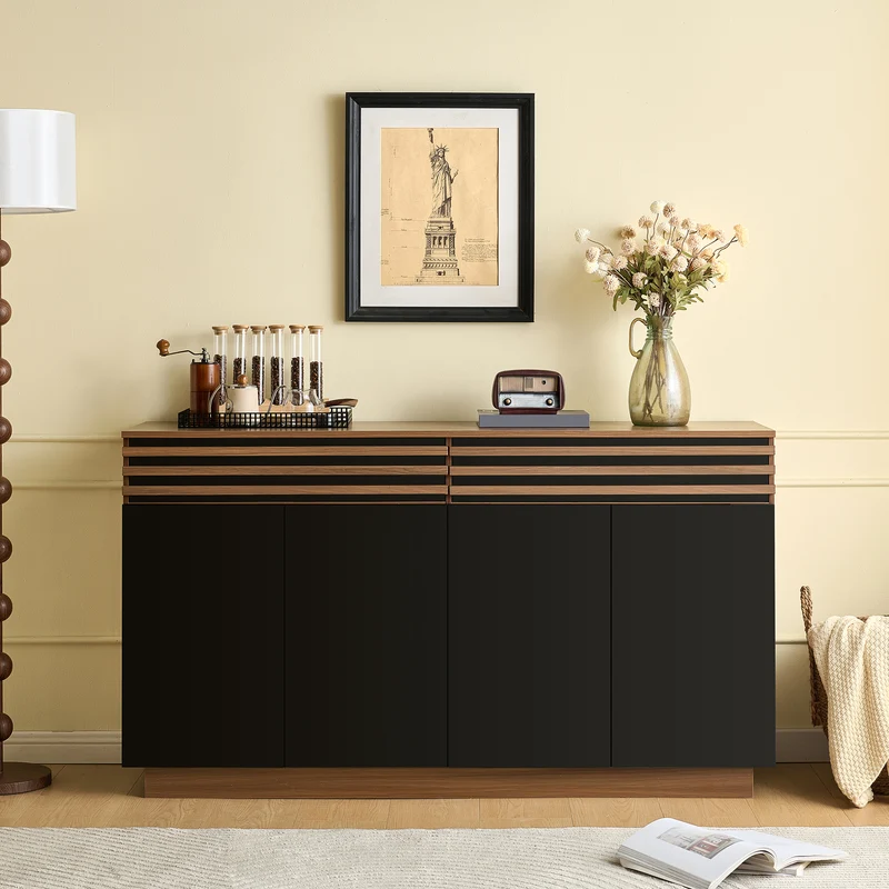 Buffet effet noyer et 4 portes noires 150x40x85 cm CLASSICBASKETHOME