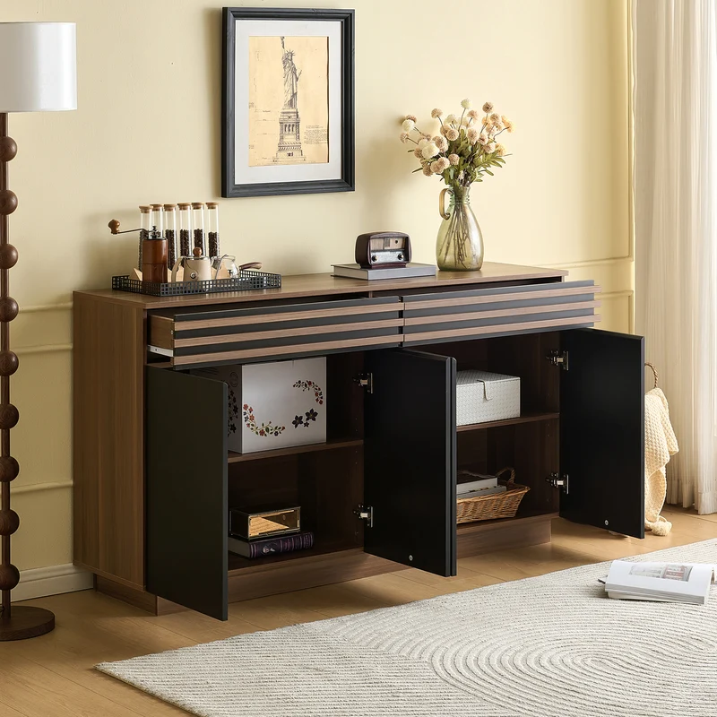 Buffet effet noyer et 4 portes noires 150x40x85 cm CLASSICBASKETHOME