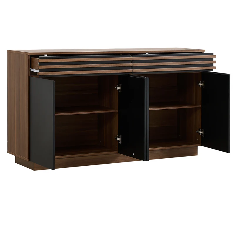 Buffet effet noyer et 4 portes noires 150x40x85 cm CLASSICBASKETHOME