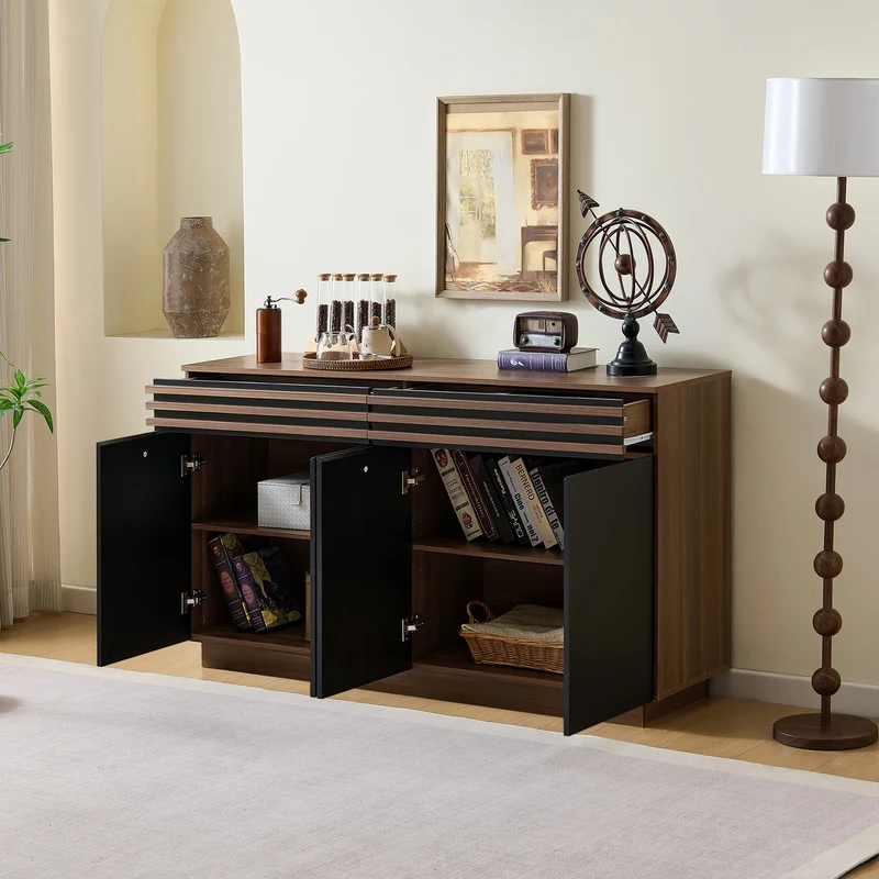 Buffet effet noyer et 4 portes noires 150x40x85 cm CLASSICBASKETHOME
