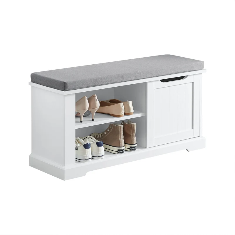 SoBuy FSR84-W Banc à Chaussures avec Coussin Rembourré, 1 Porte et 2 Étagères pour Entrée Couloir – 80x30x45 cm, Blanc