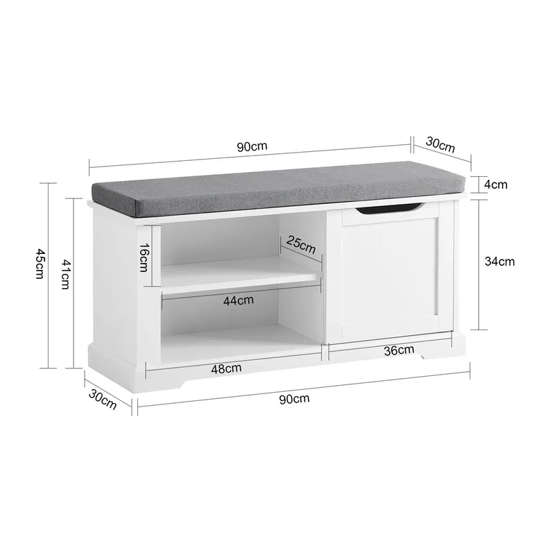 SoBuy FSR84-W Banc à Chaussures avec Coussin Rembourré, 1 Porte et 2 Étagères pour Entrée Couloir – 80x30x45 cm, Blanc