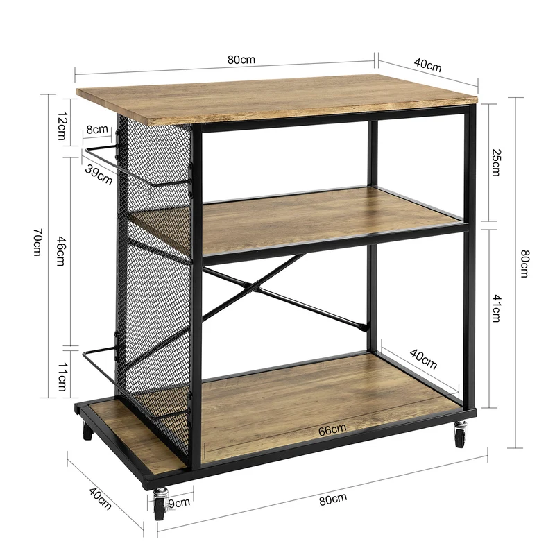 SoBuy SVW05-N Chariot de Bar Desserte de Style Industriel Desserte à 3 Niveaux avec roulettes Étagère de Cuisine