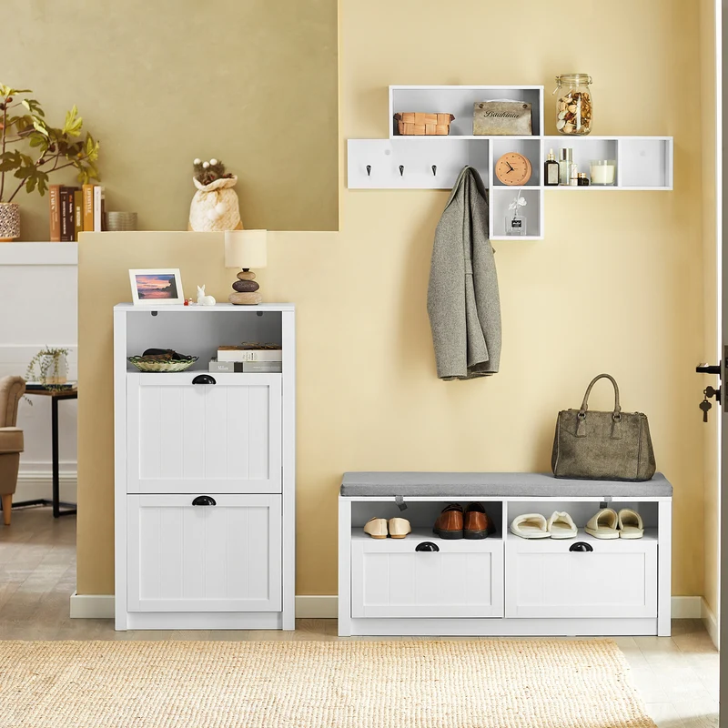 SoBuy FSR90-W Banc à Chaussures avec 2 Tiroirs et Assise pour Entrée Couloir – 110x35x47 cm, Blanc
