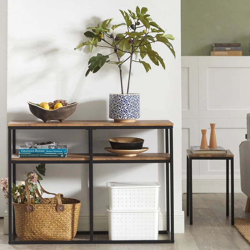 SoBuy FSB42-Q Table Console Table d’Entrée Bout de Canapé Table d'Appoint Buffet avec 2 étagères de Rangement – L107 x P36 x H77 cm, Cadre en Acier, Style Industriel