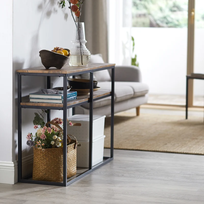 SoBuy FSB42-Q Table Console Table d’Entrée Bout de Canapé Table d'Appoint Buffet avec 2 étagères de Rangement – L107 x P36 x H77 cm, Cadre en Acier, Style Industriel