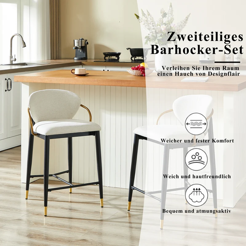 Lot de 2 tabourets de bar en chenille beige accents dorés, avec dossier et repose-pieds CHESTWICKER