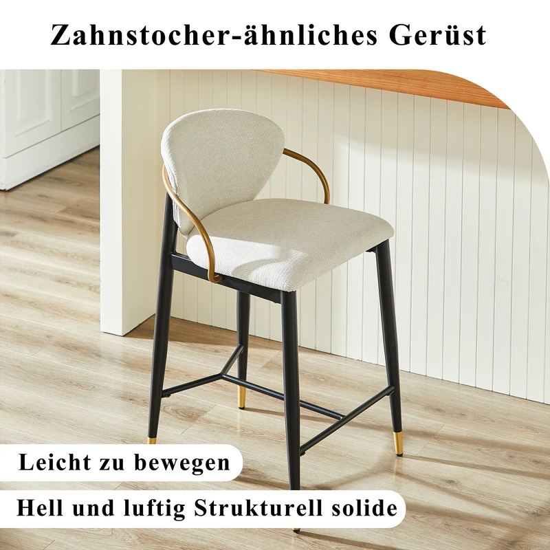 Lot de 2 tabourets de bar en chenille beige accents dorés, avec dossier et repose-pieds CHESTWICKER