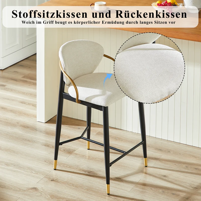 Lot de 2 tabourets de bar en chenille beige accents dorés, avec dossier et repose-pieds CHESTWICKER