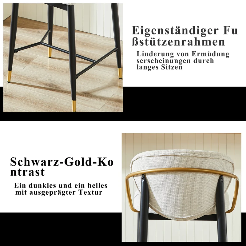 Lot de 2 tabourets de bar en chenille beige accents dorés, avec dossier et repose-pieds CHESTWICKER