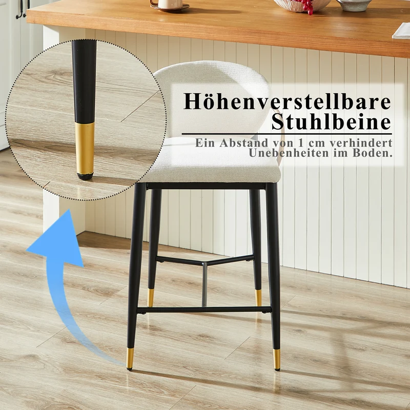 Lot de 2 tabourets de bar en chenille beige accents dorés, avec dossier et repose-pieds CHESTWICKER