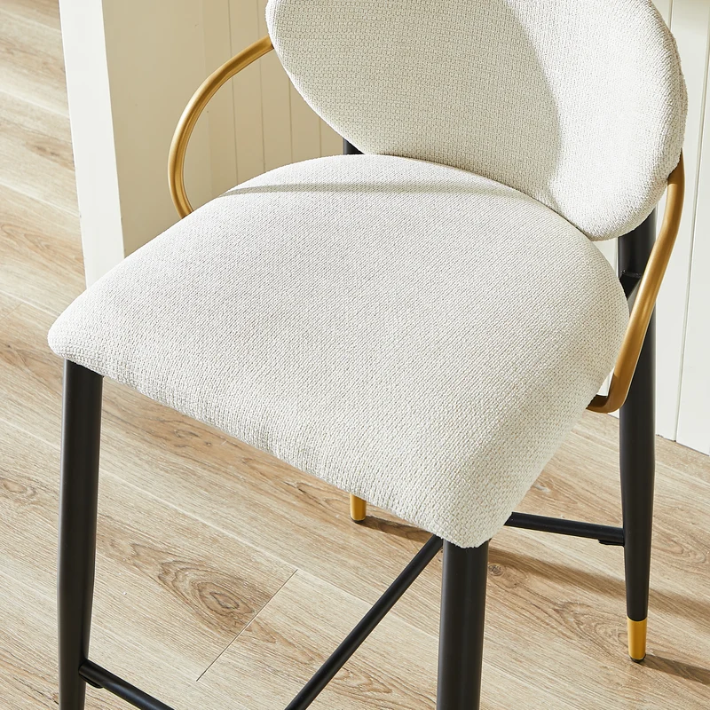 Lot de 2 tabourets de bar en chenille beige accents dorés, avec dossier et repose-pieds CHESTWICKER