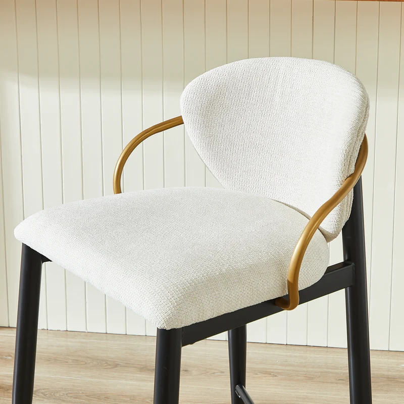 Lot de 2 tabourets de bar en chenille beige accents dorés, avec dossier et repose-pieds CHESTWICKER