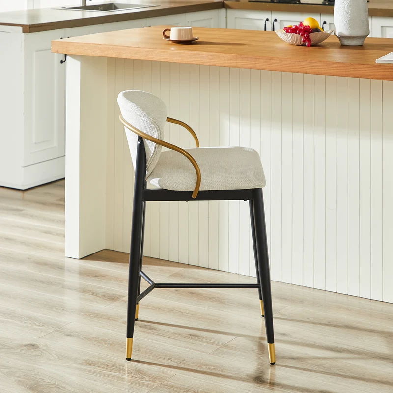 Lot de 2 tabourets de bar en chenille beige accents dorés, avec dossier et repose-pieds CHESTWICKER