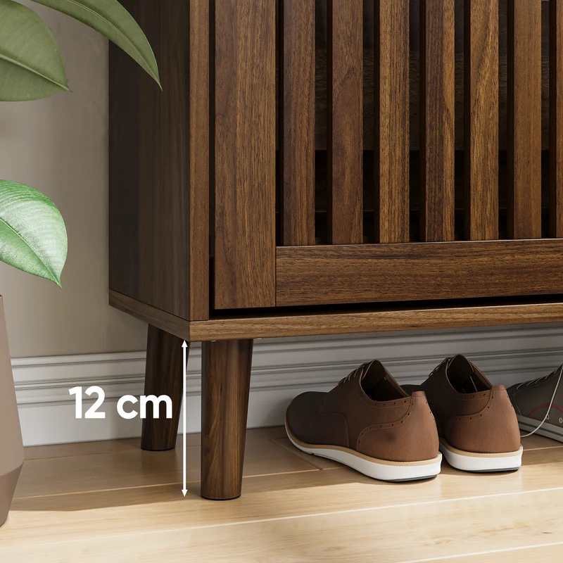 Meuble à chaussures effet noyer 2 abattants avec portes à lattes 80x24x93cm CHROMEPILLOW