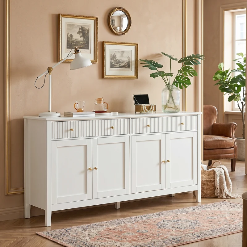 Buffet blanc 2 tiroirs à façades rainurées, 4 portes et poignées dorées 160x40x82cm CLASSICBARSET