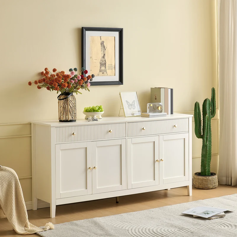 Buffet blanc 2 tiroirs à façades rainurées, 4 portes et poignées dorées 160x40x82cm CLASSICBARSET