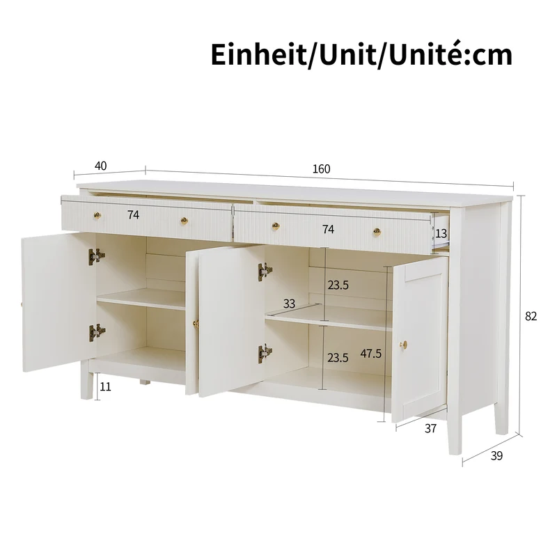 Buffet blanc 2 tiroirs à façades rainurées, 4 portes et poignées dorées 160x40x82cm CLASSICBARSET